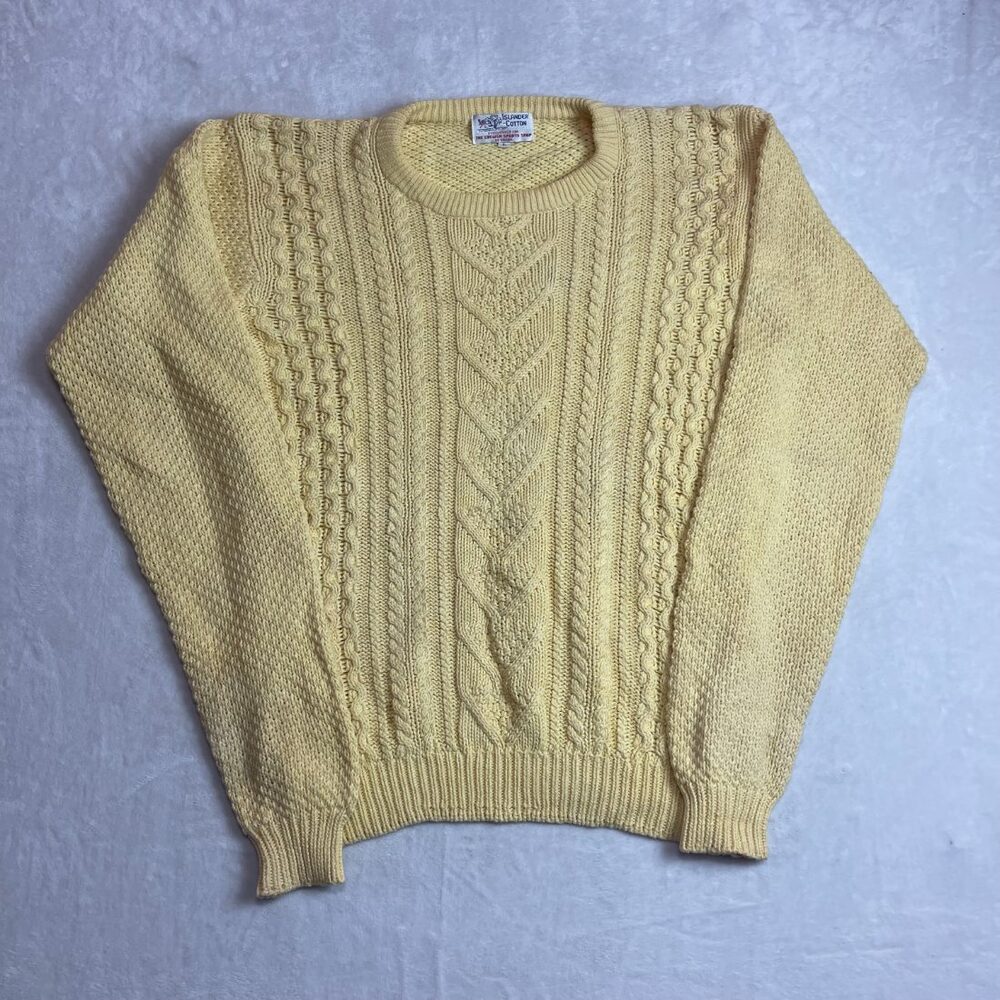 Islander Cotton Men's Yellow Cable Knit Sweater Size L Fisherman Knit Vintage